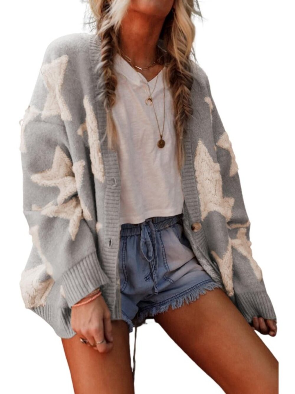 Women Star Sherpa Textured Pockets Knit Cardigan